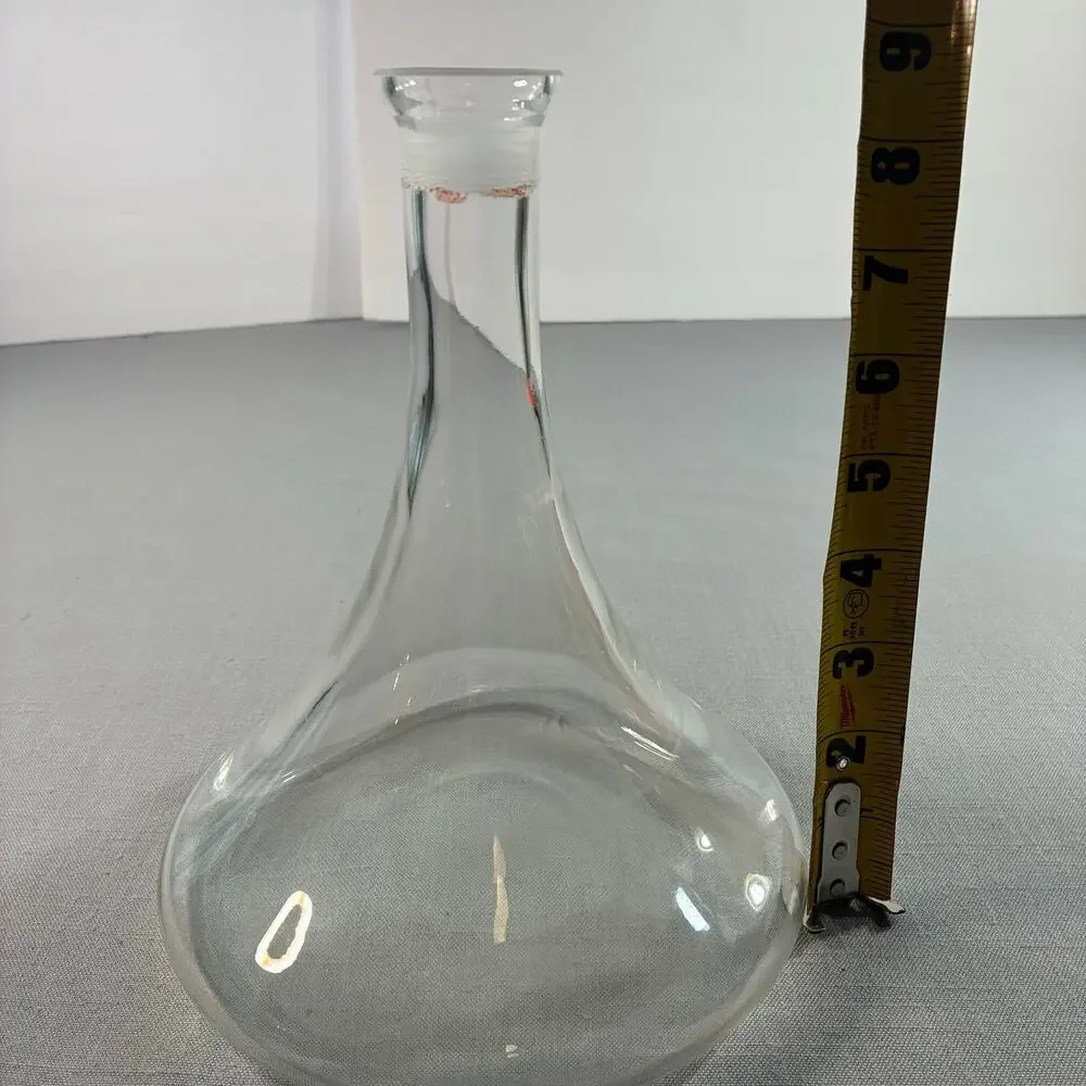 Vintage Clear Glass Decanter Carafe Round Flat Body Long Neck Bottle Vase 9 Inch
